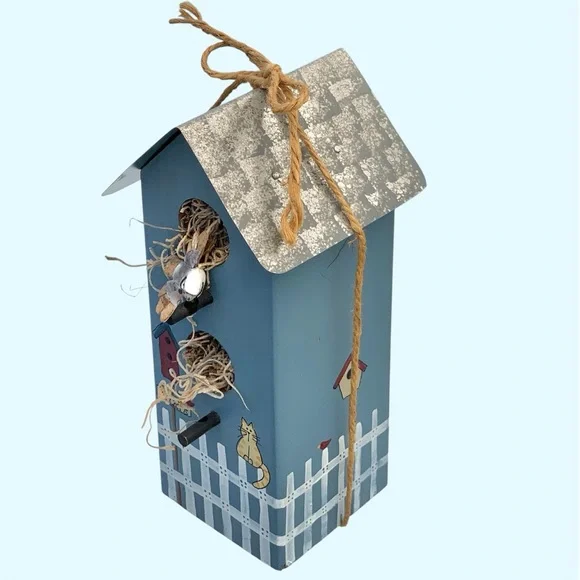 Handmade Blue Wooden Birdhouse Table Decoration - Picture 3 of 8